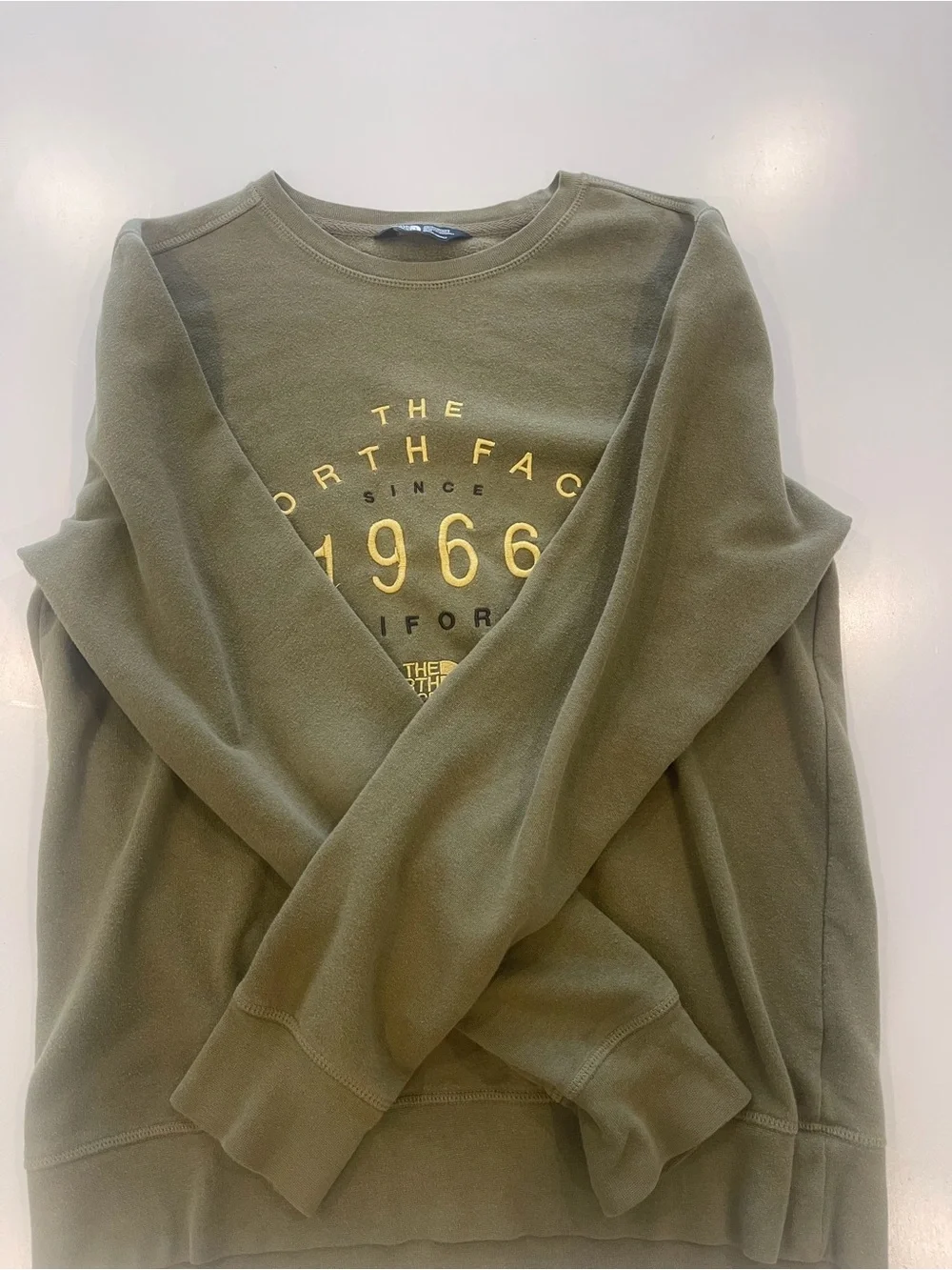 The North Face Olive Green Crewneck Sweatshirt with Yellow Logo